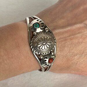 VTG Sterling Silver 925 Navajo MC Tsasie Turquoise Coral Concho Cuff Bracelet